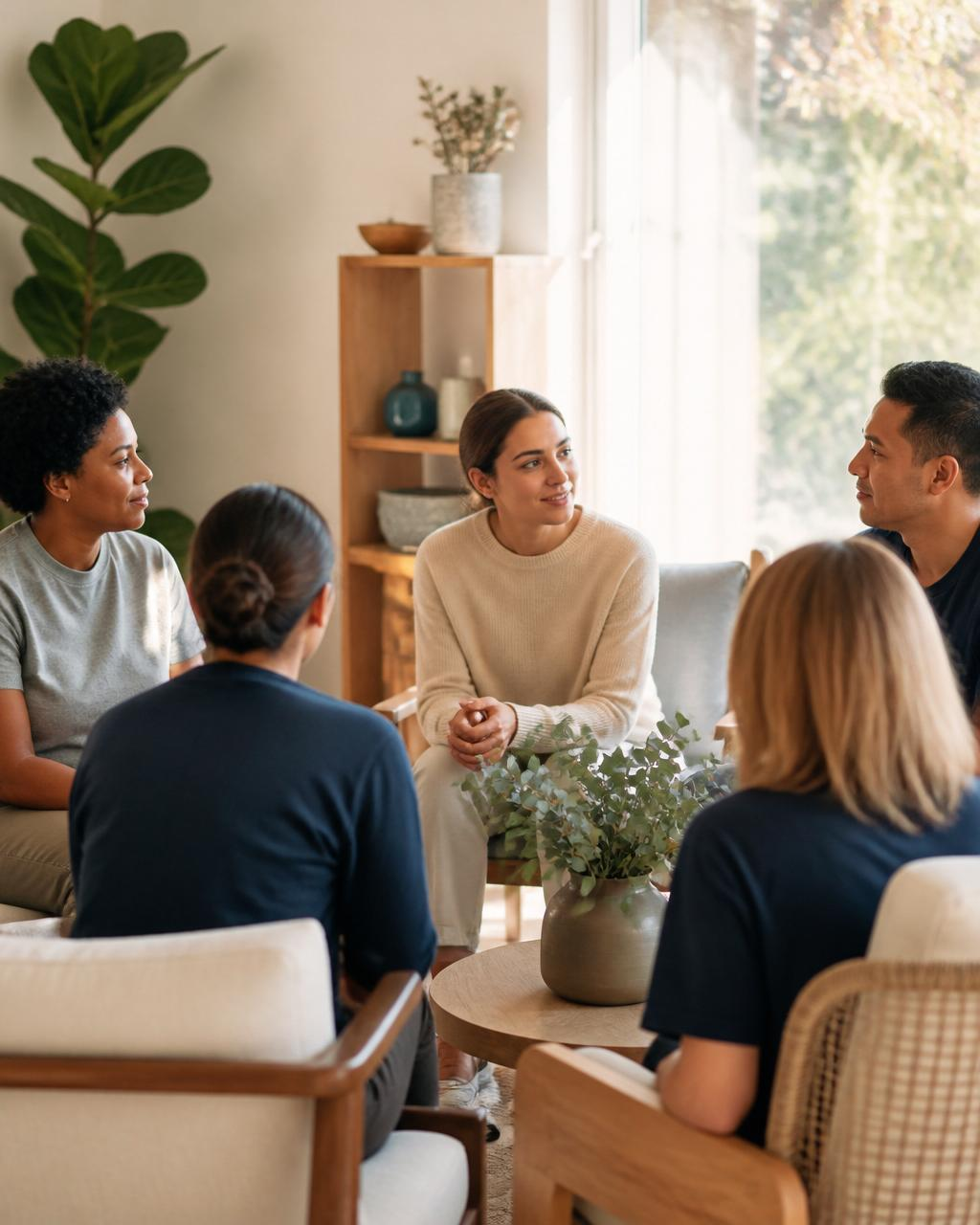 Team members in a warm Karuna meeting space