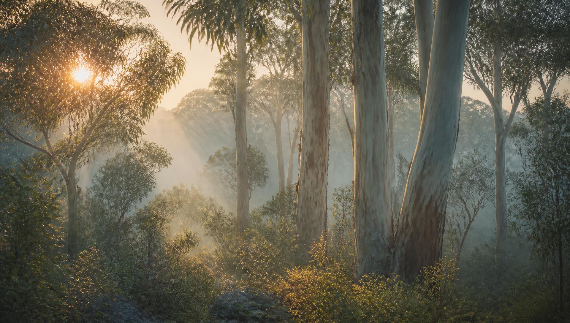 Sunrise through eucalyptus forest