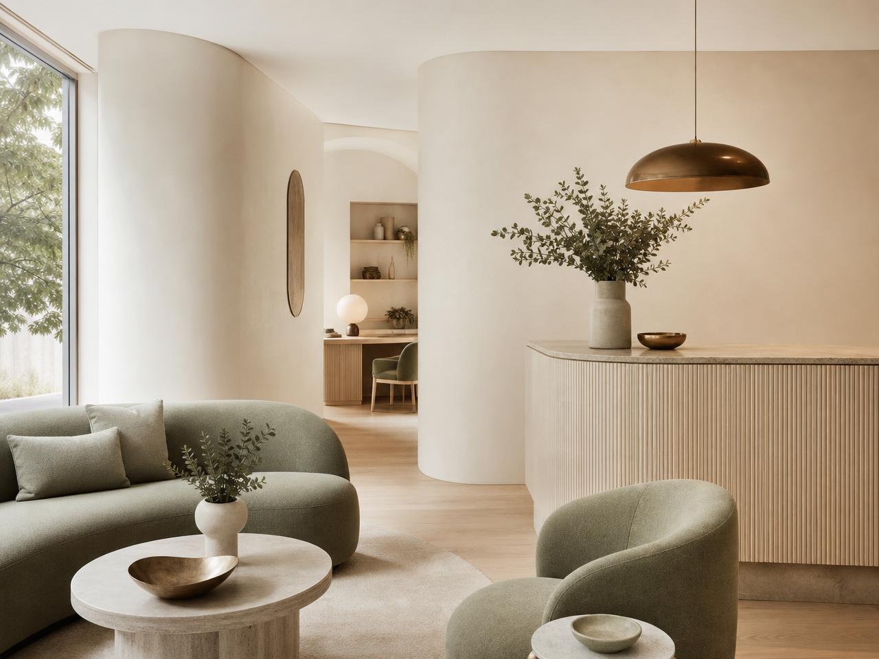 A light-filled Karuna HealthCo clinic interior with sage furnishings and natural materials